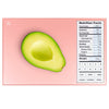 A pink nutrition label food scale weighing half of an avocado. Nutrition facts are shown on the side of a scale.