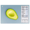 A blue nutrition label food scale weighing half of an avocado. Nutrition facts are shown on the side of a scale.