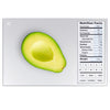A nutrition label food scale weighing half of an avocado. Nutrition facts are shown on the side of a scale.