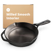 A 10-inch cast-iron skillet, displayed alongside its packaging, which reads 'Milled Smooth Interior'.
