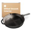 A 12-inch cast-iron skillet, displayed alongside its packaging, which reads 'Milled Smooth Interior'.