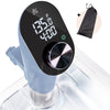 A blue sous vide precision cooker with a digital display showing time and temperature, alongside a carrying pouch.