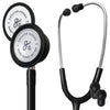 A Greater Goods stethoscope with black tubing and a stainless steel headset, featuring two readable heads and extra ear pieces.