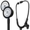 A Greater Goods stethoscope with black tubing and a black headset, featuring two readable heads and extra ear pieces.