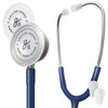 A Greater Goods stethoscope with blue tubing and a stainless steel headset, featuring two readable heads and extra ear pieces.