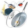 A set of white ceramic cookware including a sauté pan, frying pan, sauce pot, and stock pot with glass lids, and featuring stainless steel handles.