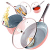 A set of pink ceramic cookware including a sauté pan, frying pan, sauce pot, and stock pot with glass lids, and featuring stainless steel handles.