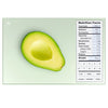 A  green nutrition label food scale weighing half of an avocado. Nutrition facts are shown on the side of a scale.
