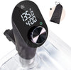 A black sous vide precision cooker with a digital display showing time and temperature, alongside a carrying pouch.