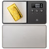 A digital pocket scale with a stainless steel weighing platform, open with a gold bar on top, displaying a weight reading on its LCD screen.
