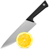 A chef's knife slicing into a half of a lemon.
