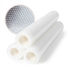 A stack of 3 vacuum sealer bag rolls with a circular graphic next to them showing the bag texture.