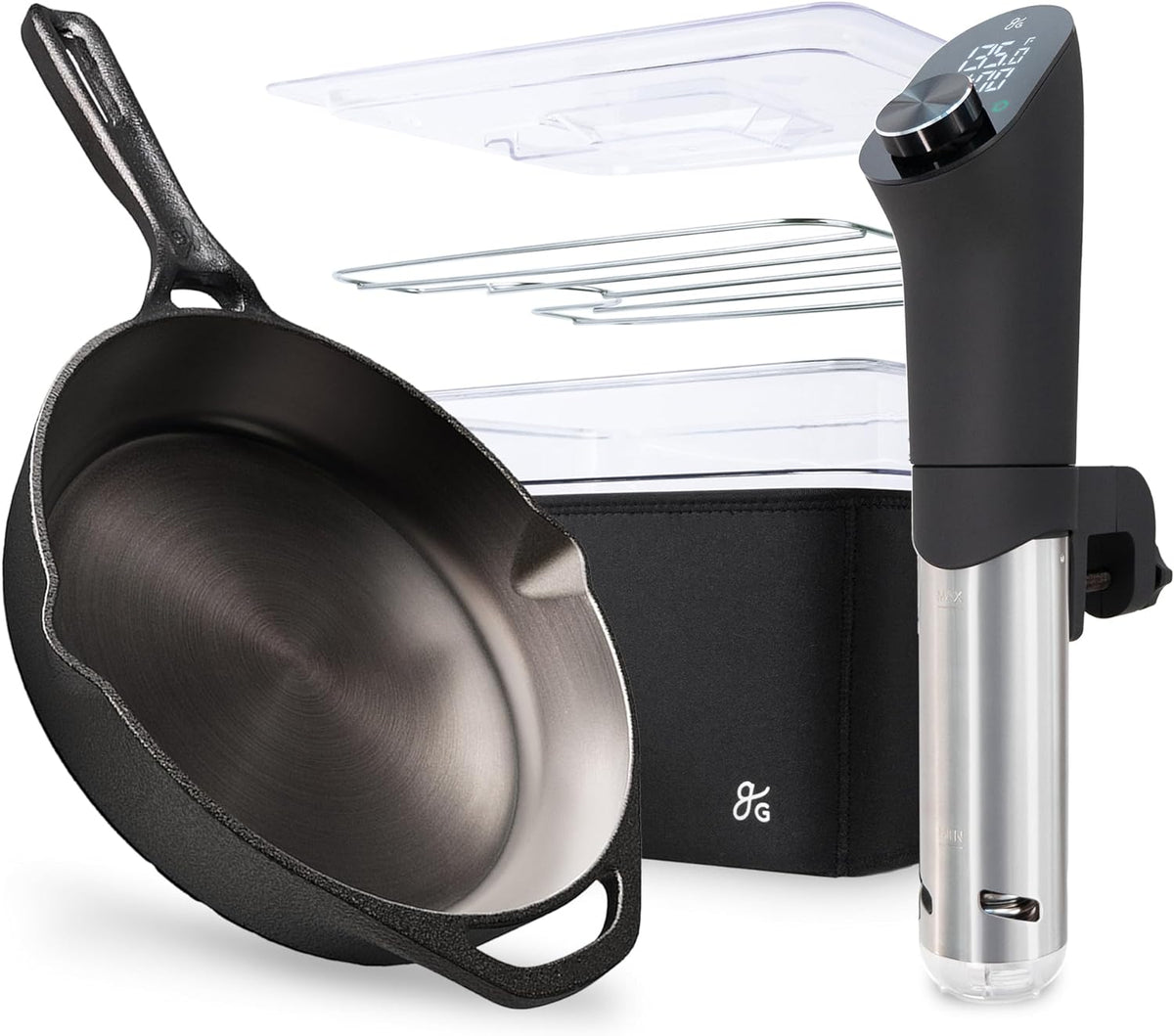 Greater Goods 10” Cast Iron Skillet with Sous Vide Cooker and Sous Vide Container Bundle, Black