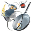 A set of gray ceramic cookware including a sauté pan, frying pan, sauce pot, and stock pot with glass lids, and featuring stainless steel handles.
