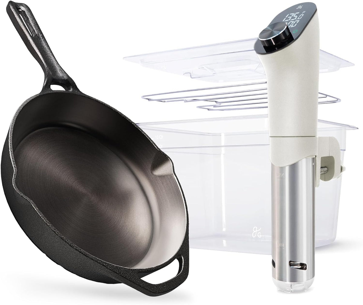 Greater Goods 10” Cast Iron Skillet with Sous Vide Cooker and Sous Vide Container Bundle, Clear