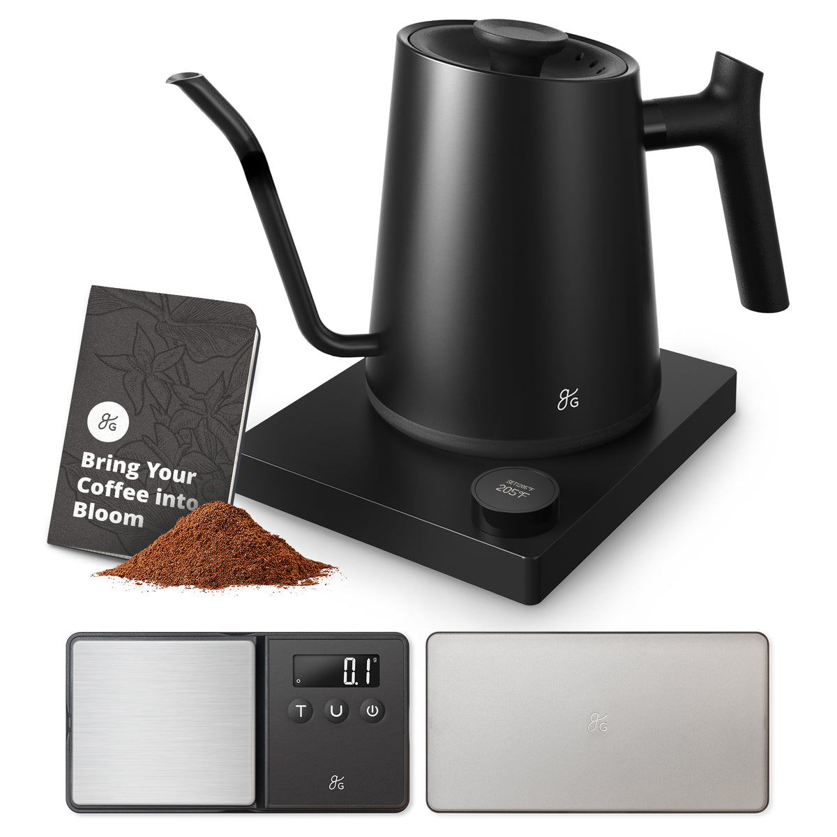 Greater Goods Electric Gooseneck Kettle and Espresso Scale Bundle, Onyx Black