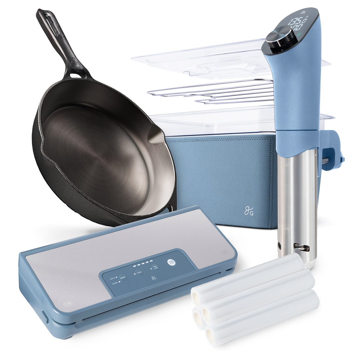 Greater Goods 10” Cast Iron Skillet with Sous Vide Bundle with Vacuum Sealer, Stone Blue