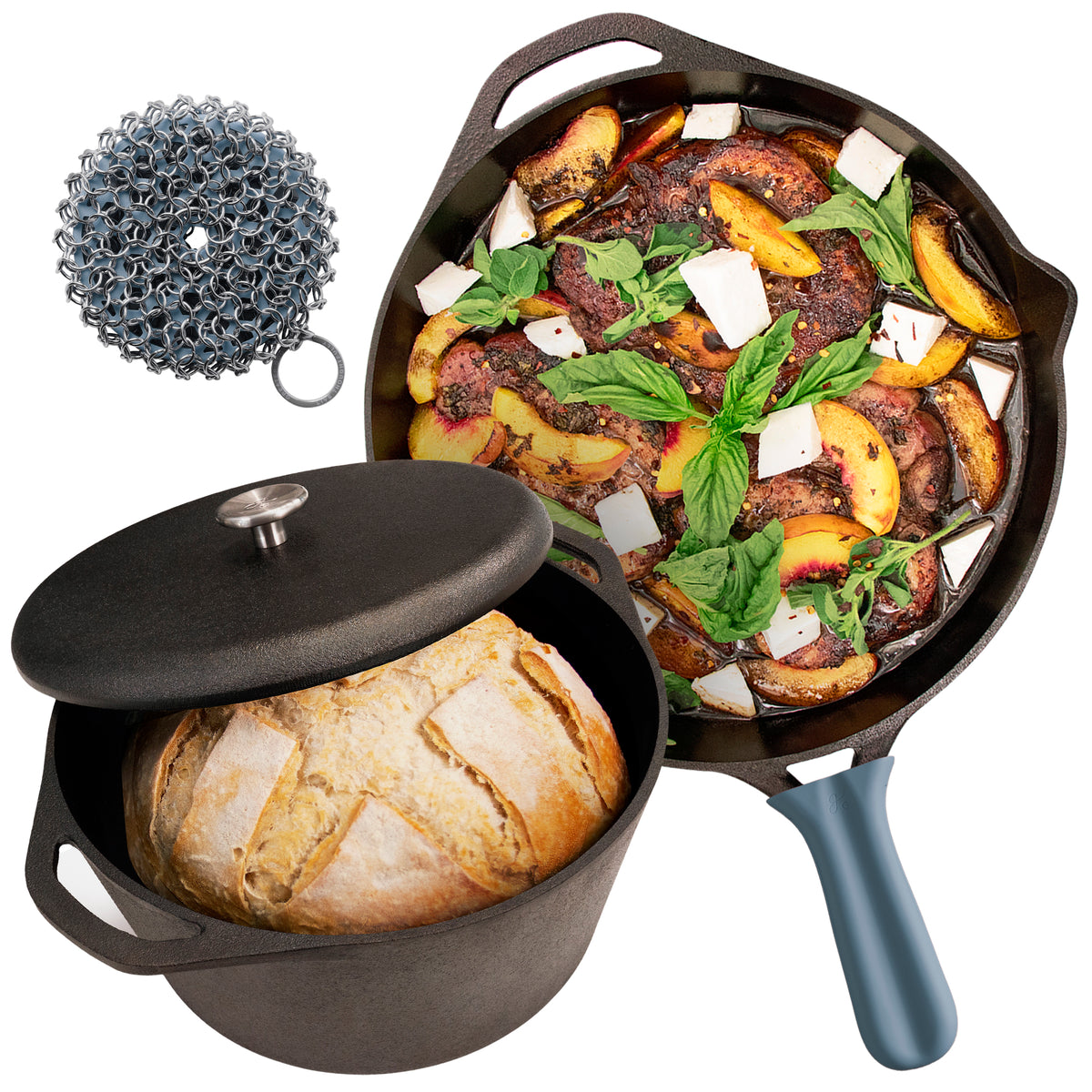 Greater Goods 12” Cast Iron Skillet and Cast Iron Dutch Oven Bundle with Silicone Handle and Chainmail Scrubber Bundle (Stone Blue)