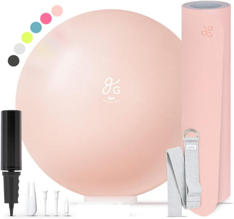 Greater Goods Exercise Ball (65cm) and Yoga Mat with Free Carrying Strap Bundle, Blush Pink