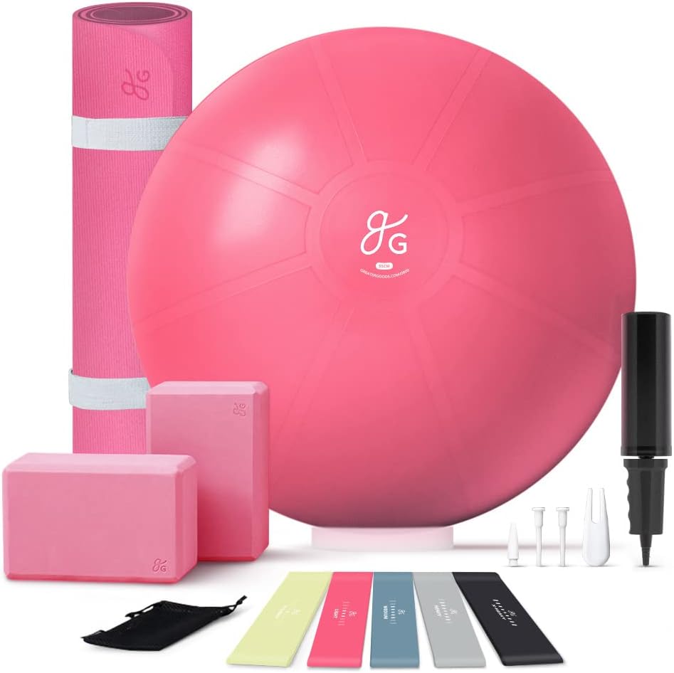 Greater Goods 75cm Yoga Ball, Yoga Mat, Yoga Blocks, and Resistance Bands Bundle, Blush Pink