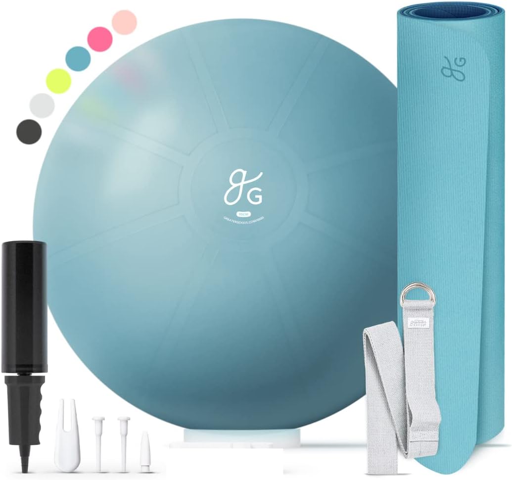 Greater Goods Exercise Ball (55cm) and Yoga Mat with Free Carrying Strap Bundle, Deep Sky Blue