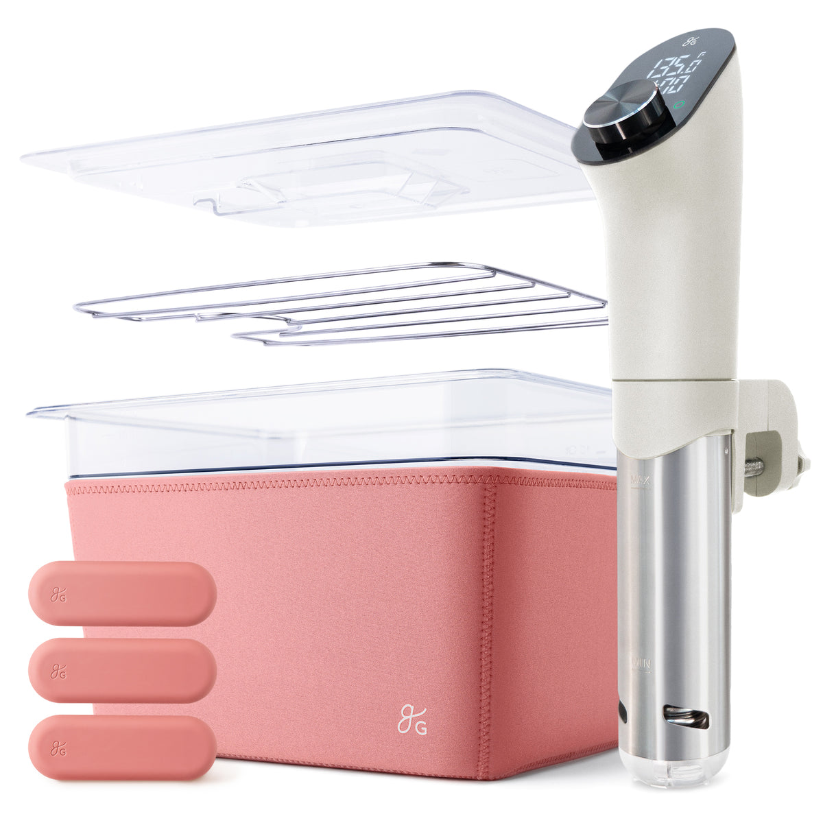 Greater Goods Sous Vide Machine, Container and Silicone Weights Bundle, (Birch White/Pink)