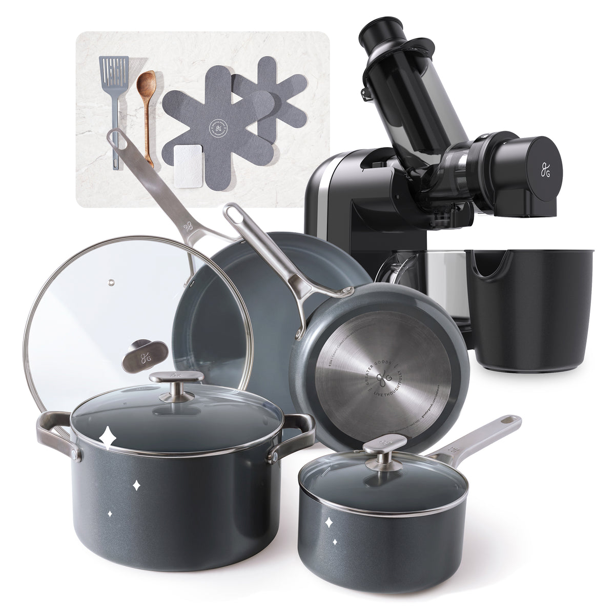 Greater Goods Savvy Ceramic Nonstick Cookware Set, and Cold Press Juicer Bundle (Midnight gray/ Black)