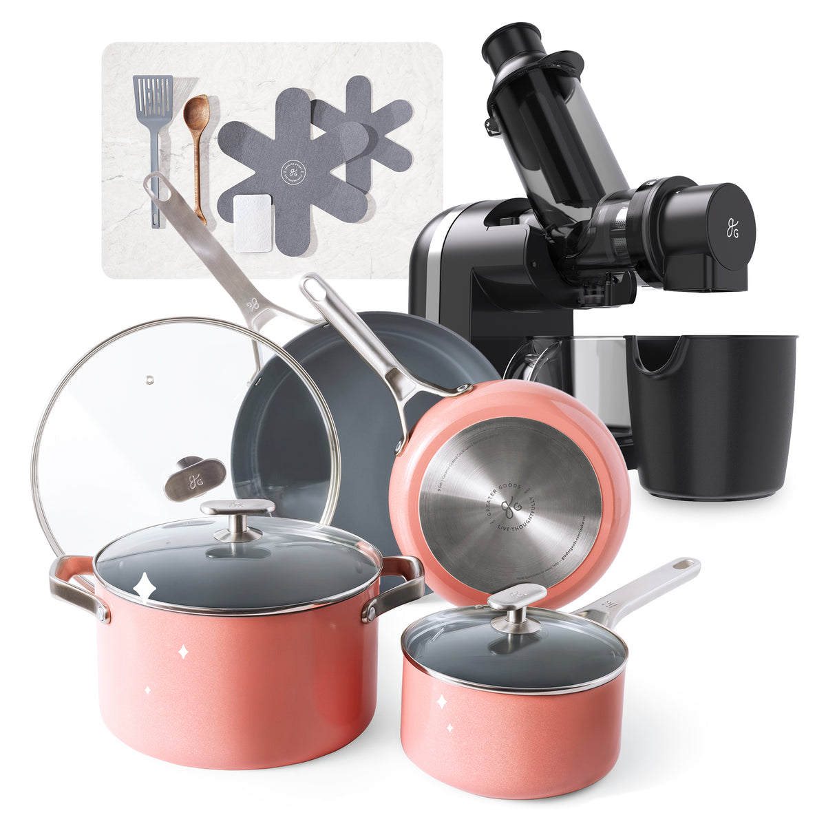 Greater Goods SavvyCeramic Nonstick Cookware Set, and Cold Press Juicer Bundle (Pink/Black)