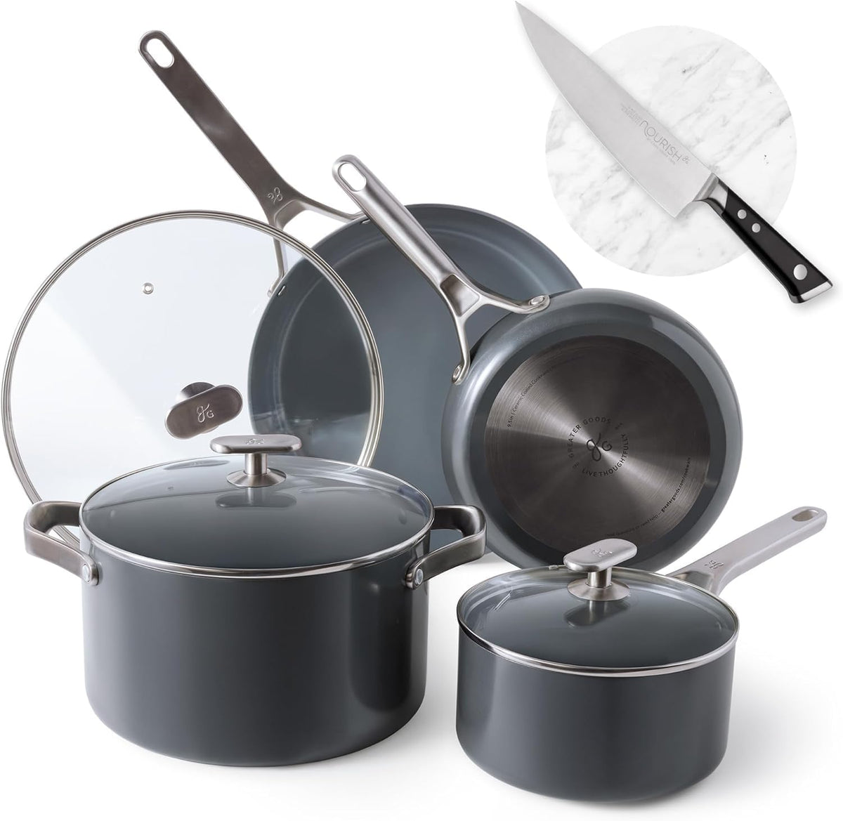 SavvyCeramic Nonstick Cookware Set (10pc) and Chef Knife (Stainless Steel), Midnight Gray