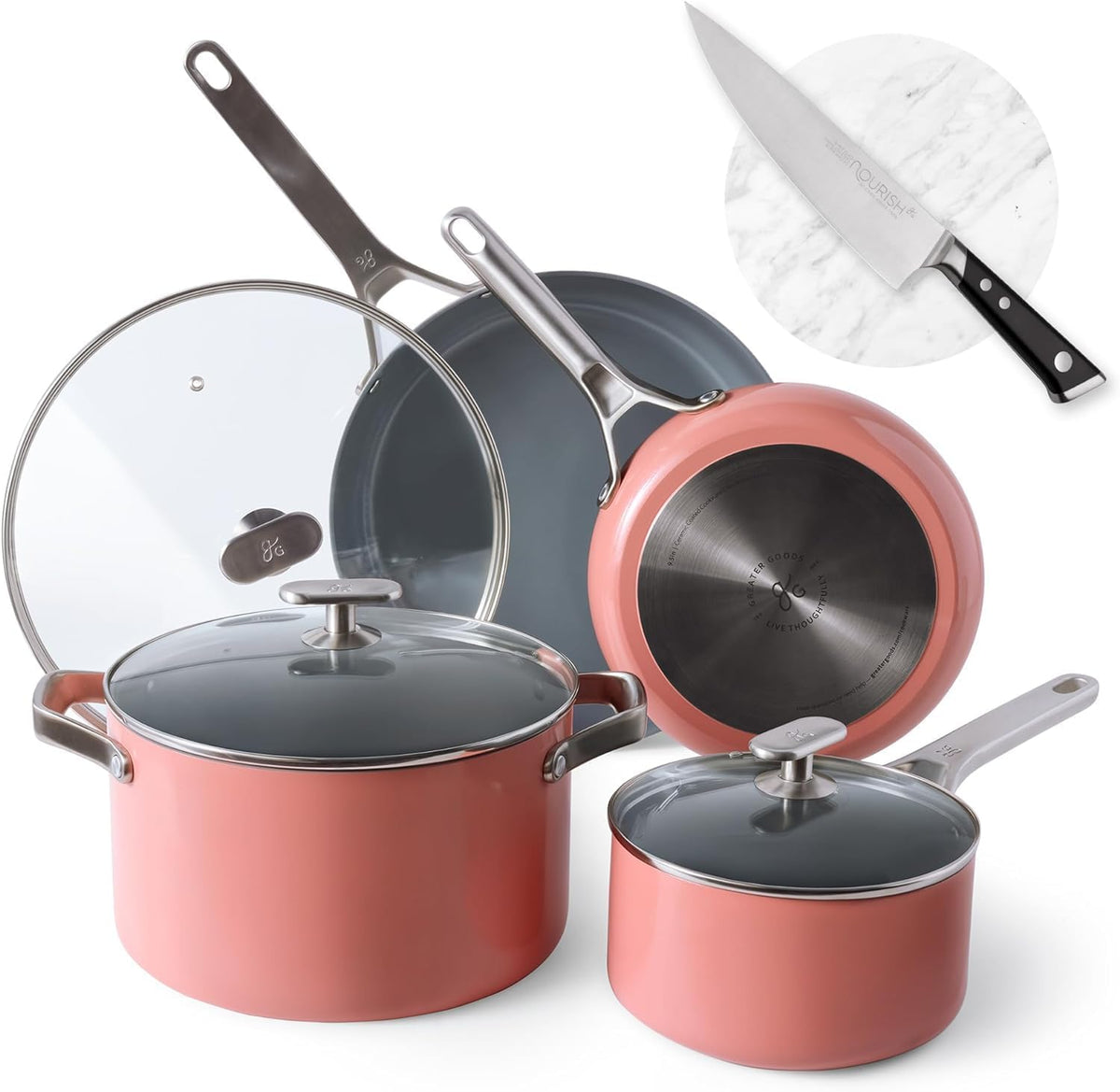 SavvyCeramic Nonstick Cookware Set (10pc) and Chef Knife (Stainless Steel), Pink