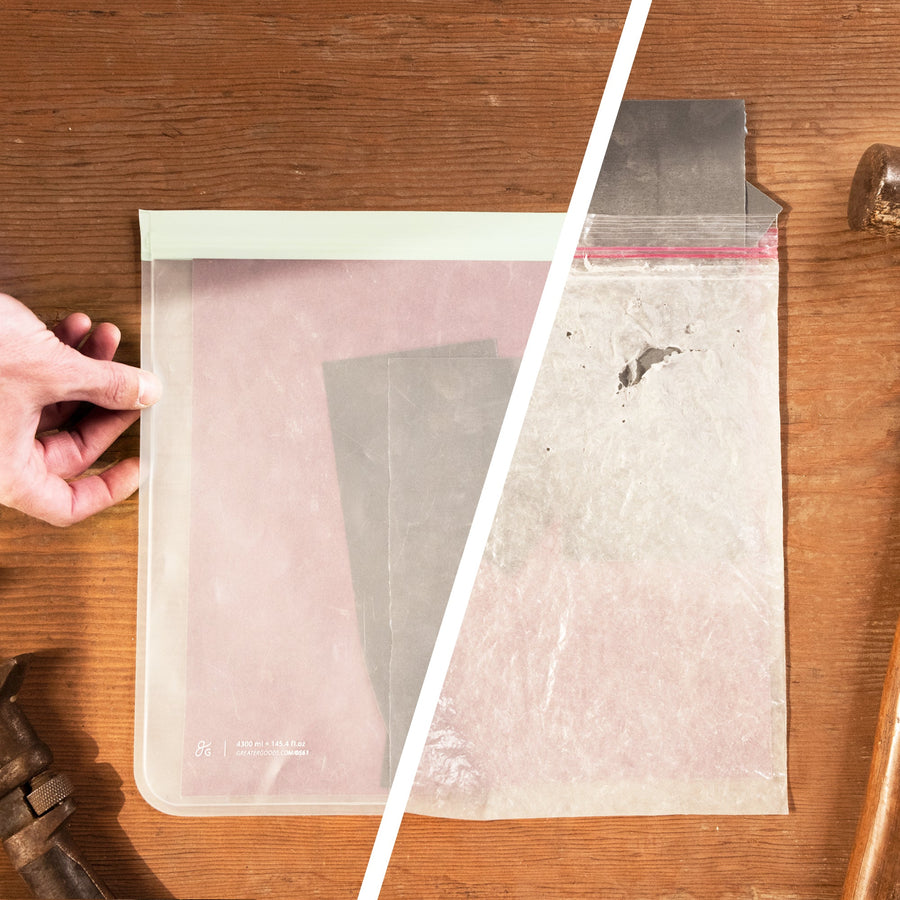 A split image of Greater Goods reusable peva back against a disposable plastic bag. The peva bag hods sand paper, while the plastic bag is ripped and sand paperis falling out.