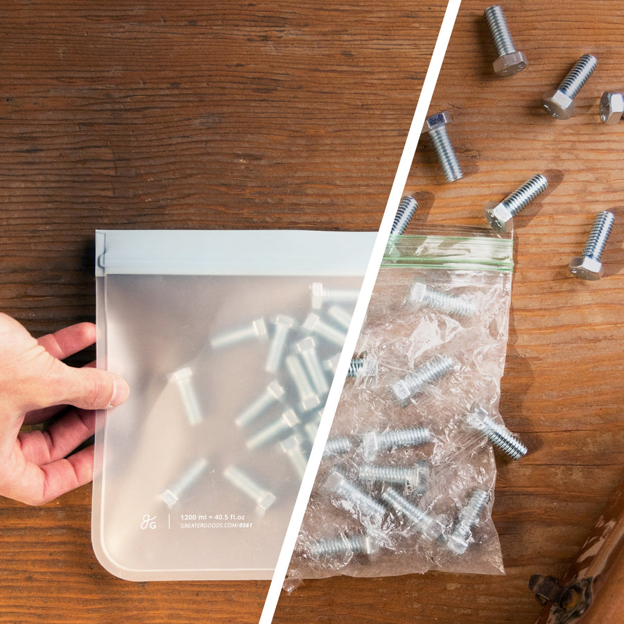 A split image of Greater Goods reusable peva back against a disposable plastic bag. The peva bag hods screws, while the plastic bag is ripped and screws are spilled across the table.