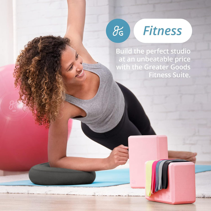 Greater Goods 65cm Yoga Ball, Yoga Mat, Yoga Blocks, and Resistance Bands Bundle, Blush Pink