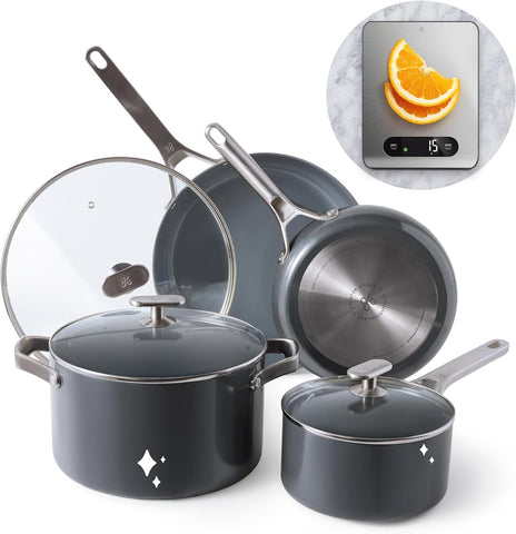 SavvyCeramic  Nonstick Cookware Set (10 pc) and Stainless Steel Food Scale, Midnight Gray