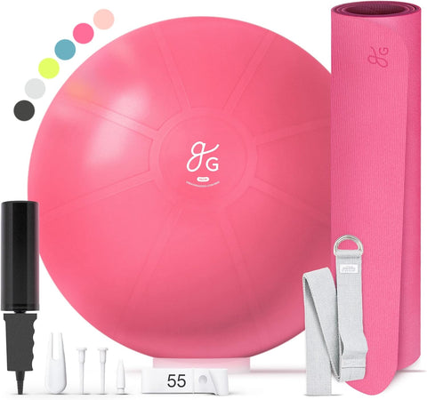 Greater Goods Exercise Ball (55cm) and Yoga Mat with Free Carrying Strap Bundle, Watermelon Pink