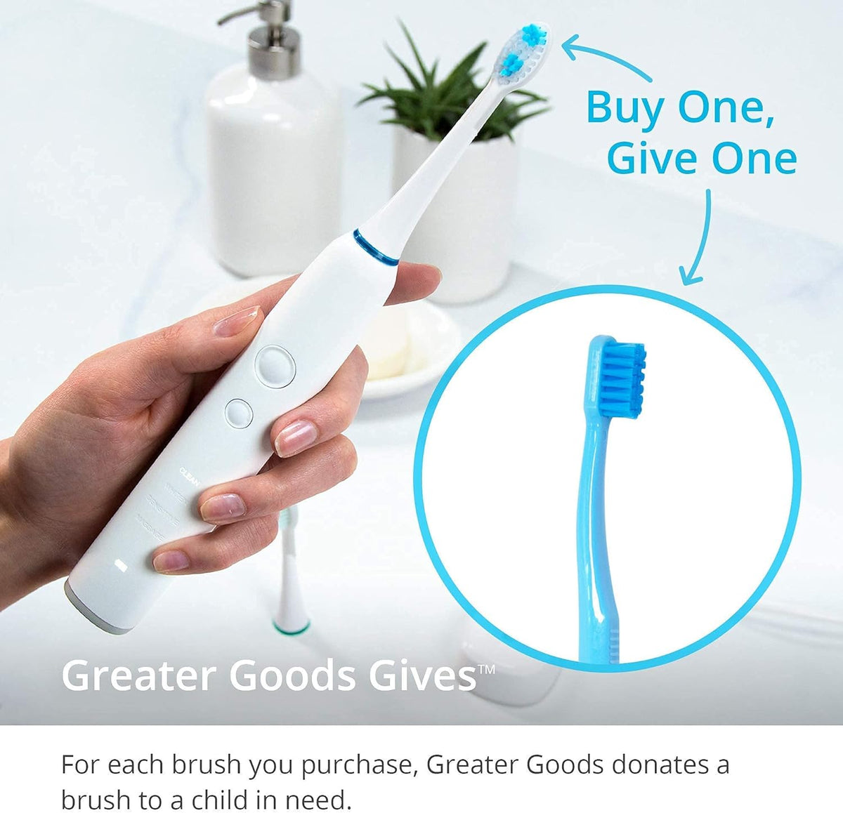 Greater Goods Sonic Toothbrush Medium and Pack of Three Replacement Heads Bundle