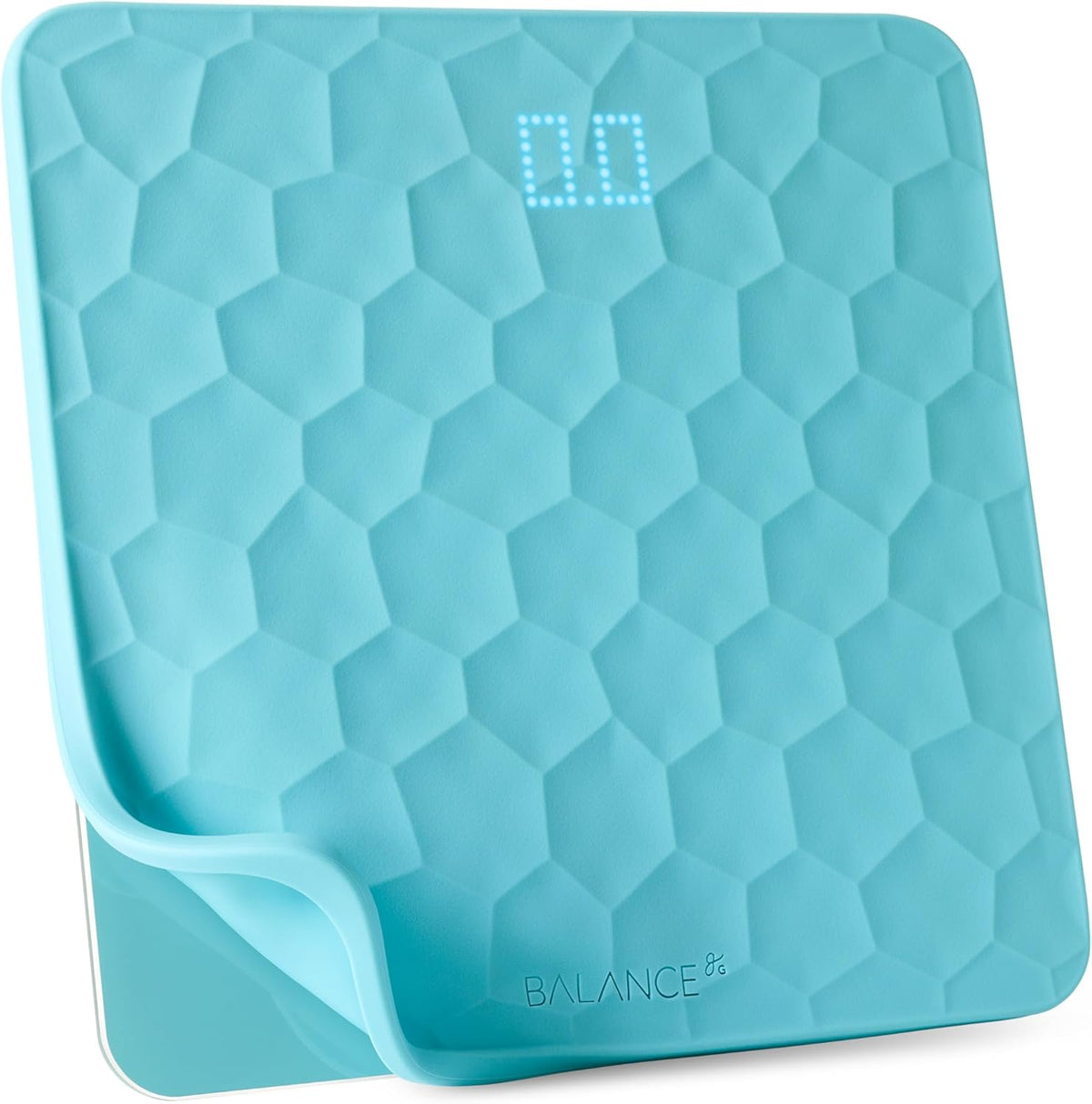 Blue digital scale with hexagonal pattern on a white background