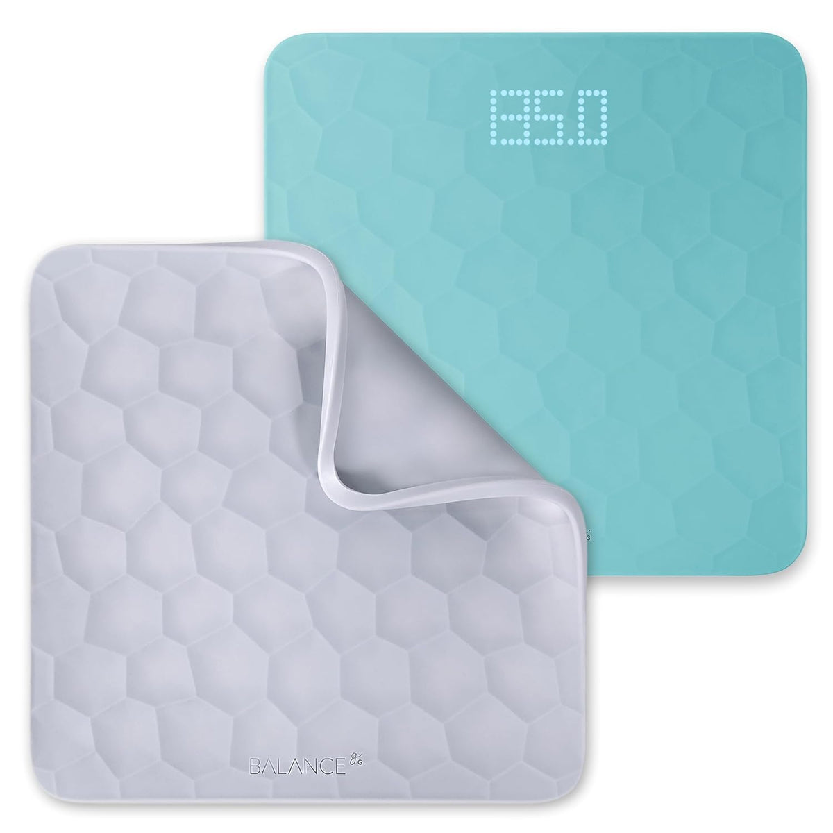 Blue silicone bathroom scale next to a gray silicone cover with hexagonal pattern on a white background.
