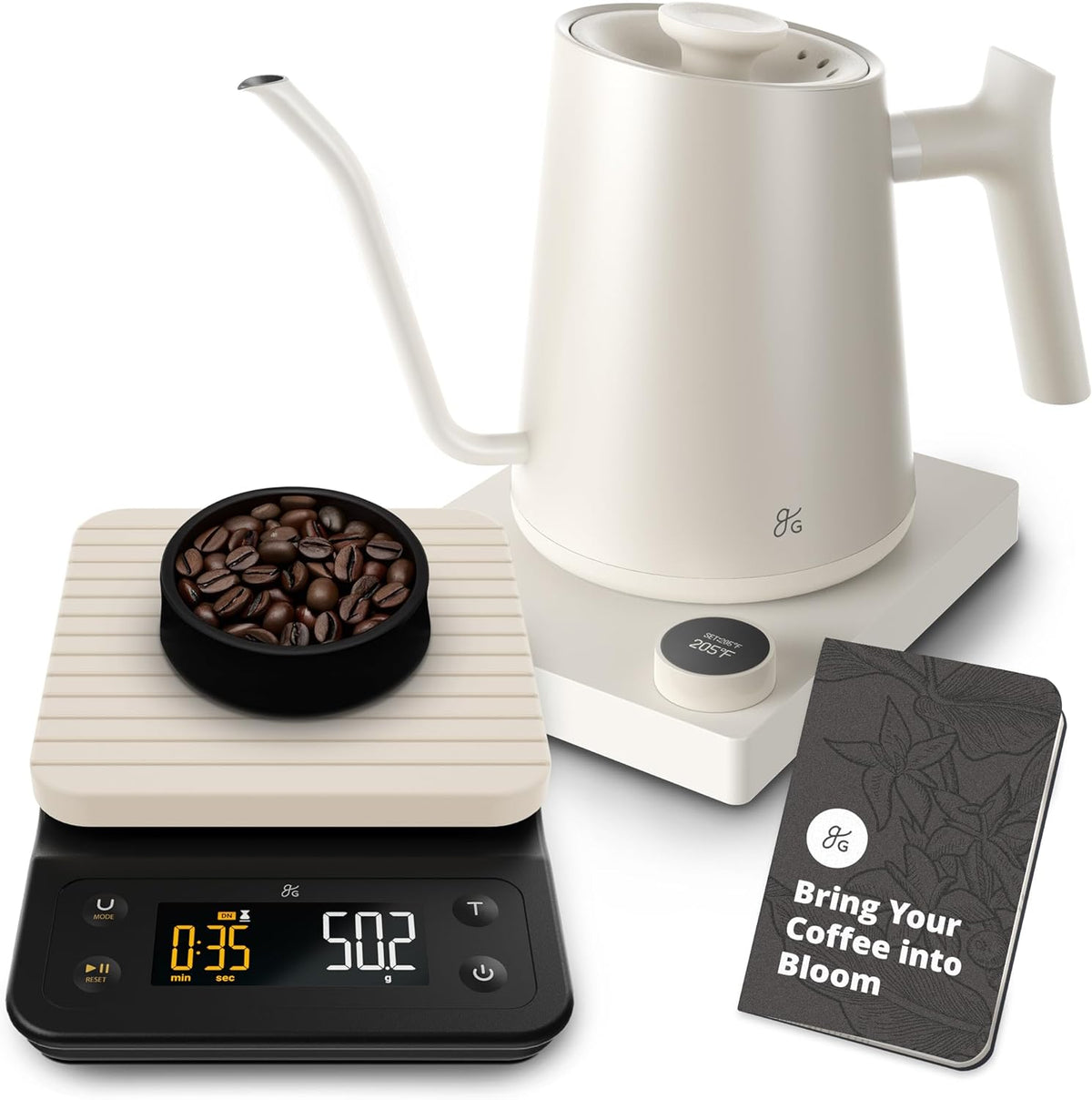 Greater Goods Electric Gooseneck Kettle and Coffee Scale Bundle, Birch White