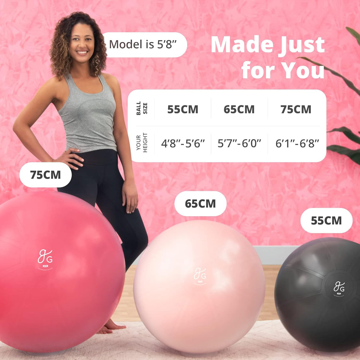 Greater Goods Exercise Ball (65cm) and Yoga Mat with Free Carrying Strap Bundle, Blush Pink