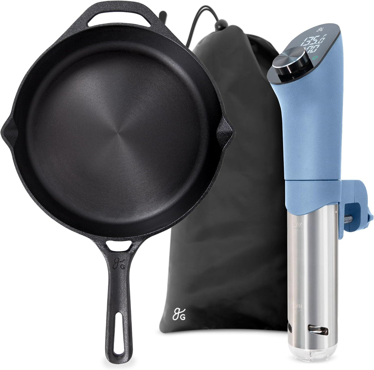 Greater Goods 10” Cast Iron Skillet and Sous Vide Bundle, Stone Blue