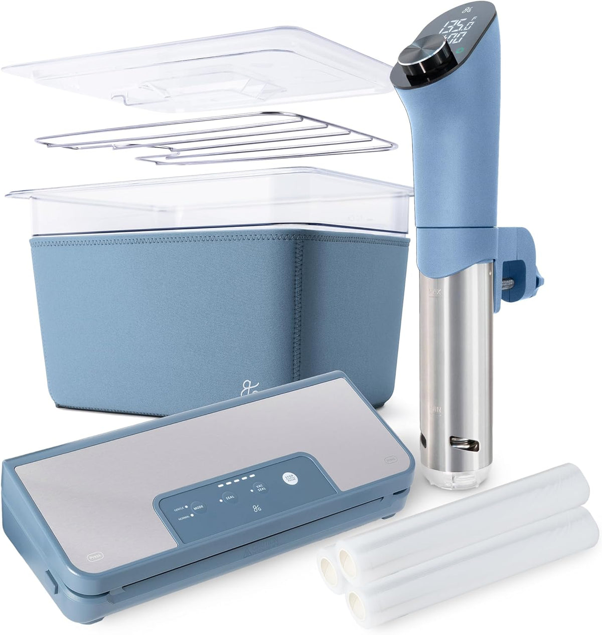 Greater Goods Sous Vide Machine, Container and Vacuum Sealer with 3 Rolls Bundle, (Stone Blue)