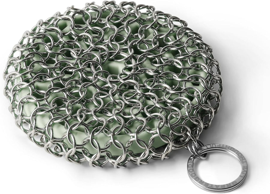 Greater Goods 12” Cast Iron Skillet, Silicone Handle, and Chainmail Scrubber Bundle (Sage Green)