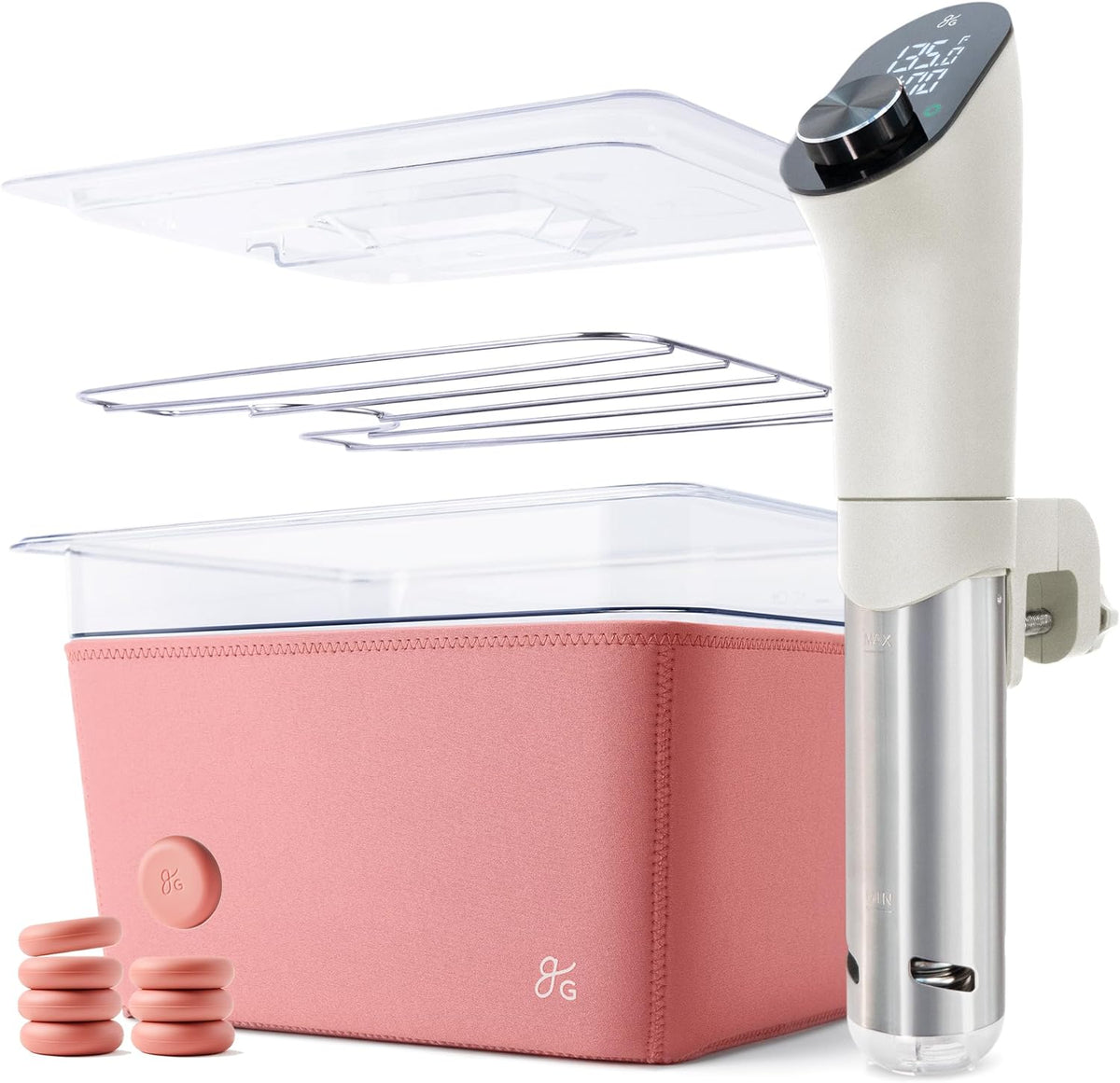 Greater Goods Sous Vide Machine, Container and Silicone Magnets Bundle, (Birch White/Pink)