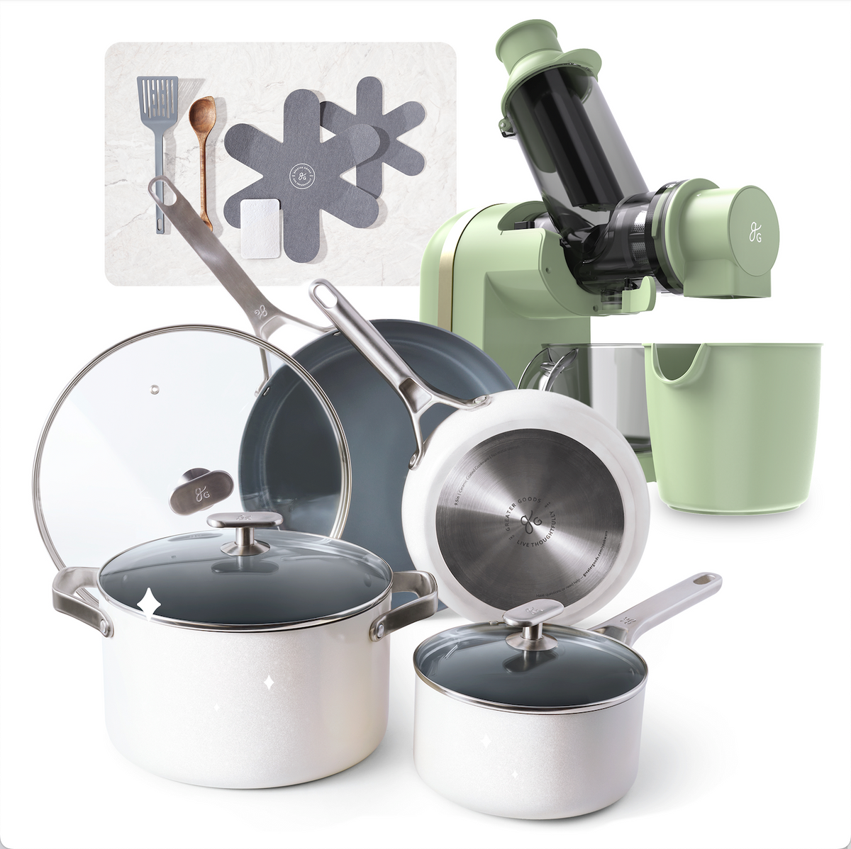 Greater Goods Savvy Ceramic Nonstick Cookware Set, and Cold Press Juicer Bundle (Birch white/ sage green)