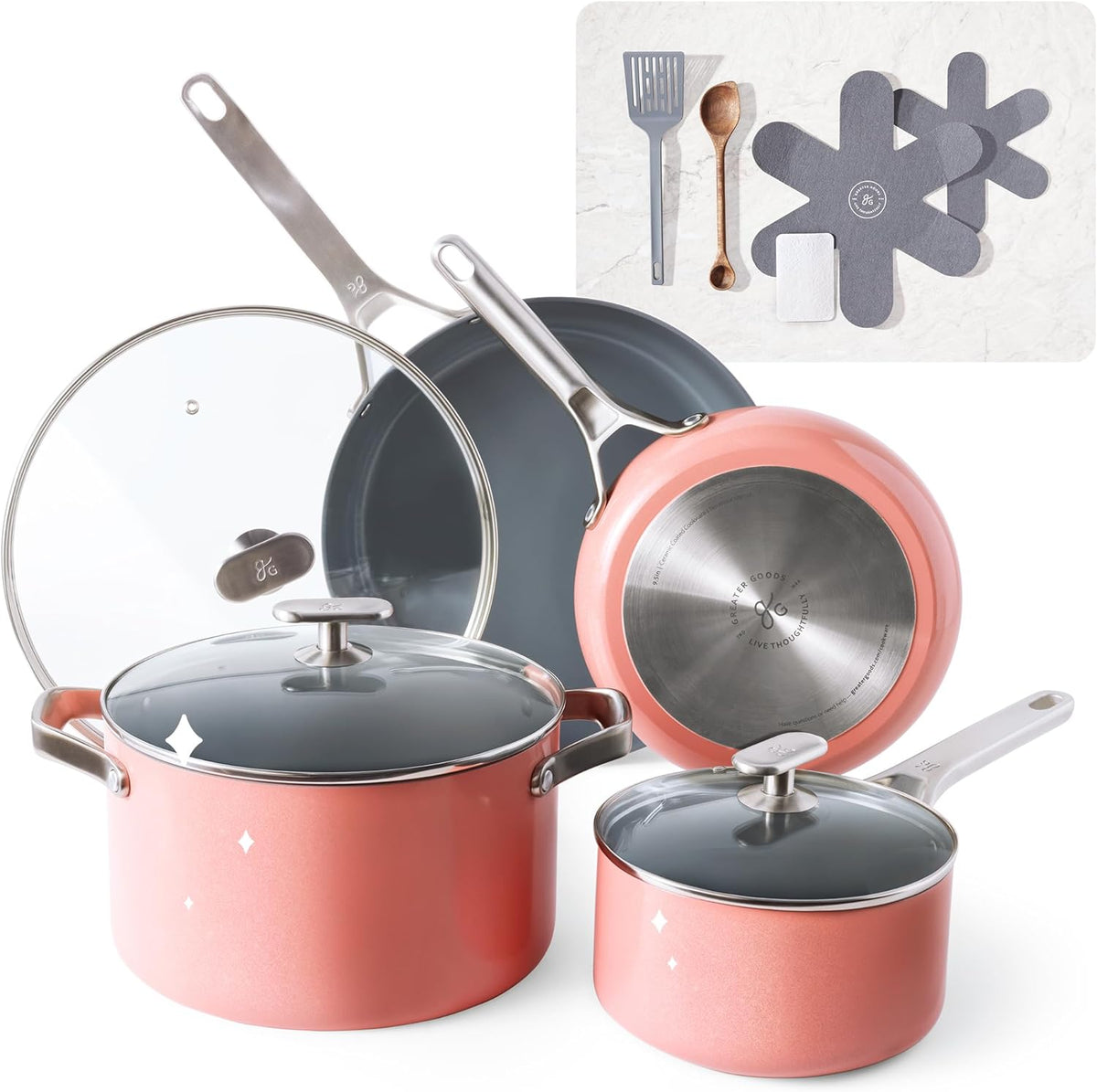 Greater Goods SavvyCeramic Nonstick Cookware Set, and Cold Press Juicer Bundle (Pink/Black)